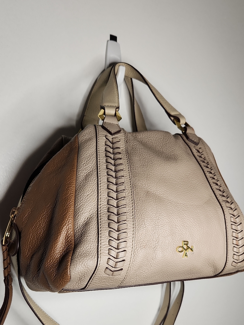 OrYANY taupe/brown/gold leather, whipstitch, xbody. Preloved item sold as is
